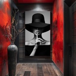 Affiche tableau sur toile femme au chapeau noir, portrait moderne 55x100 - 2