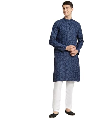 Image of SOJANYA (Since 1958 Men's Cotton Blend Navy Blue & Black Printed Kurta & White Churidar Pyjama Set
