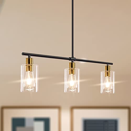 Yarlkav Kitchen Island Lighting, 3 Lights Linear Chandeliers Rectangle Pendant Light Fixtures For Dining Room Farmhouse Hanging Light With Glass Shades Hanging Lights(Black & Gold) #TOP22