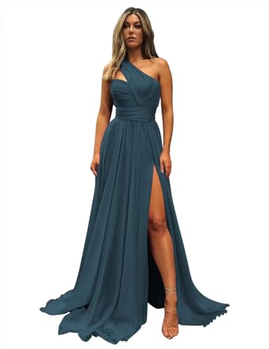 One Shoulder Chiffon Bridesmaid Dress Long Slit Wedding Guest Dress with Pockets ZD18