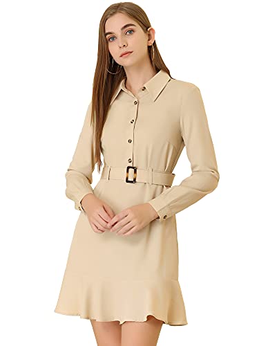 Allegra K Women s Belted Ruffle Hem Point Collar Button Down Shirt Dress X-Small Khaki