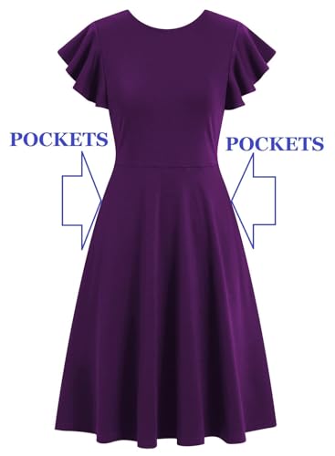 Image of MSLG Women's Fit and Flare Ruffle Short Sleeves Dresses Work V-Back Cocktail Semi Formal A Line Dress with Pockets 842