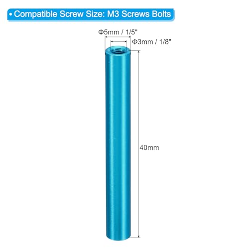 PATIKIL 2 Stück M3 Aluminium-Abstandshalter, M3 Metall-Abstandshalter Aluminium 3mm ID x 5mm OD x 40mm L Gewinde-Abstandshalter Schraubenständer Rund für RC Auto Drohnen Motherboard, Blau