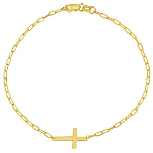 14k Yellow Gold Sideways Cross Paperclip Chain Bracelet with Lobster Clasp