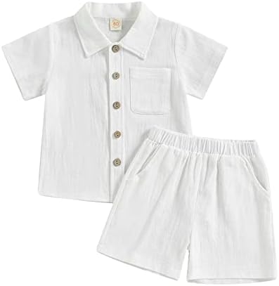 Hoanselay Baby Boy Cotton Linen Shorts Set Solid Color Short Sleeve Button Down T-shirt Tops and Shorts Summer Outfit Clothes (White Shorts Set, 12-18 Months)