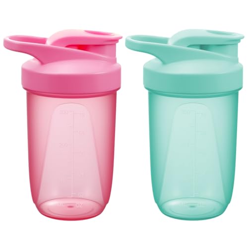Protein Shaker, 2 Stück 400ml Proteinshaker Flasche, Fitness Shaker mit 2 Mixball Edelstahl, BPA-frei und Auslaufsicher Proteinshaker mit Messskala für Proteinpulver,Proteinshake (Grün+Rosa)