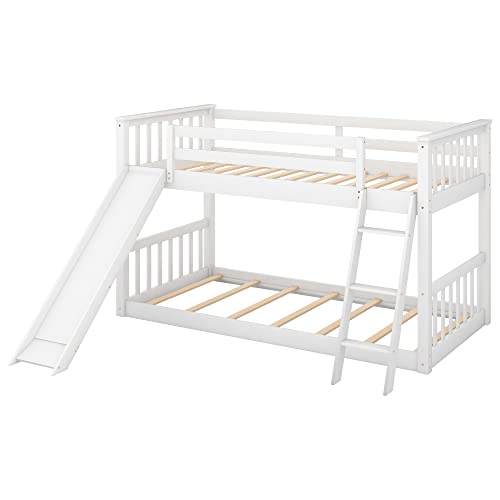 Bellemave Twin Over Twin Low Bunk Bed With Slide/Ladder, Solid Wood Bunk Beds Frame For Kids, No Box Spring Needed,White #TOP7