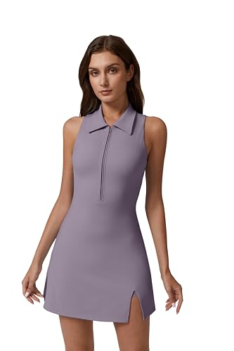 Image of QINSEN Womens Zip Front Tennis Dress Polo Collar Racer Back Workout Golf Dresses Build in Shorts with Pockets