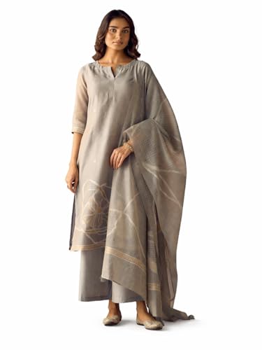 Image of FIORRA Women Grey Cotton Jacquard Woven Kurta Set with Dupatta
