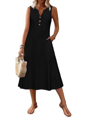 Zeagoo Black Summer Dresses for Women 2026 Ladies Sleeveless V Neck Button Down Flowy Midi Summer Hawaiian Beach Resort Travel Boho Cruise Loose Petite Dress with Pockets