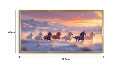 Image of PAPER PLANE DESIGN Seven Running Horses HD Canvas Print Wall Art - Premium Vastu Golden Box Frame With Acrylic - Elegant Home & Office Decor - Size: 2 x 4 Feet. (C)