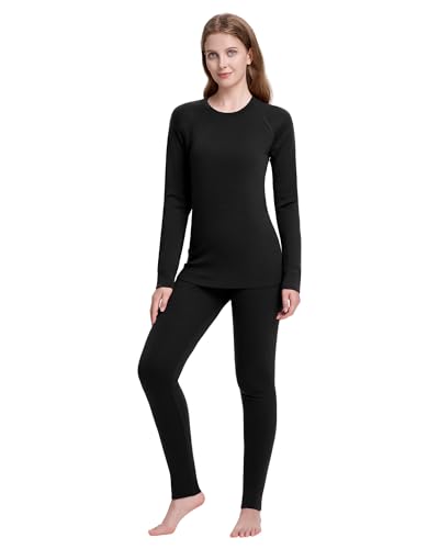 woolcano Thermounterwäsche Damen Set, 100 % Merinowolle, Leichtes Skiunterwäsche Set für Frauen, Weich & Wärmend 190g/m² Schwarz M