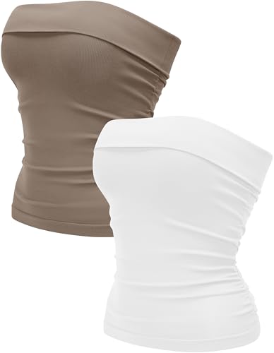 OLCHEE Womens 2PK Tube Tops Off Shoulder Seamless Ribbed Strapless Sleeveless Side Ruched Slim Fitted Summer Going Out Top