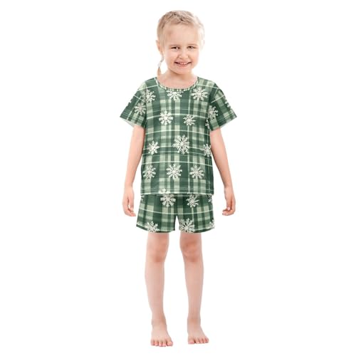 ALAZA Green Snowflake Plaid Christmas Pajamas Set Short Sleeve Cotton Sleepwear Summer Pjs 2 Piece 5-14Y3