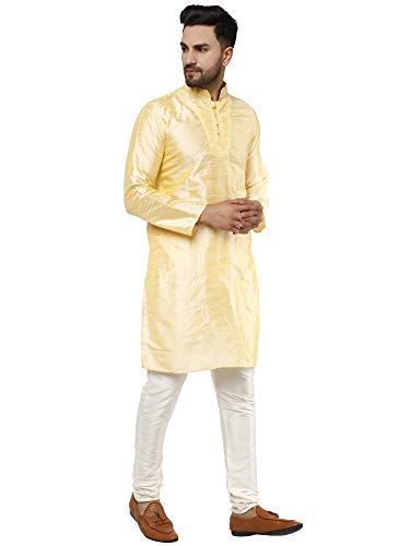 Image of SKAVIJ Men's Dupion Silk Embroidered Kurta Pajama Mandarin Collar Ethnic Motifs Festive Party Dress