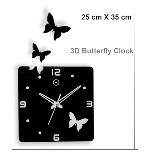 Image of cozyloom Butterfly Theme Square Acrylic Wall Clock | Modern 3D Decorative Wall Clock with Stylish Butterfly Design for Living Room, Bedroom, Office & Home Decor