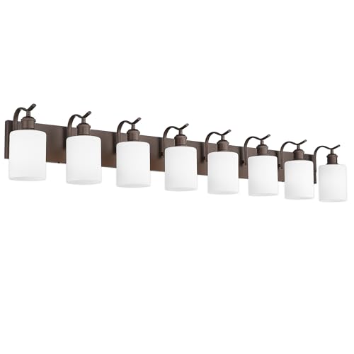 Image of 8-Light Wall-Mounted Vanity Fixture, Frosted Glass Over Mirror Lighting, Oil Rubbed Bronze Finish,VL01ORBW-8