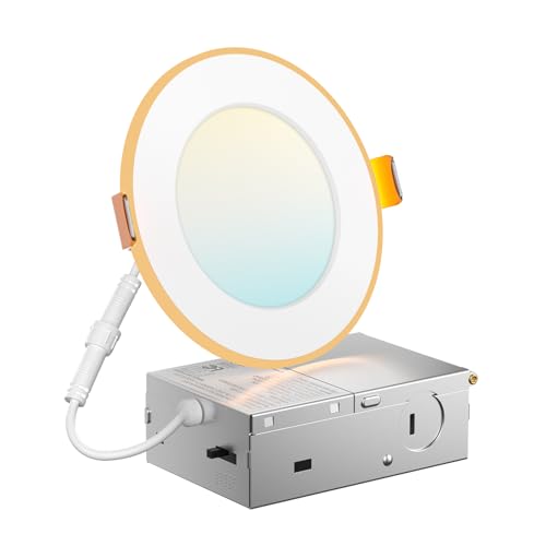 Amico 1 Pack 4 Inch 5CCT LED Recessed Ceiling Light with Night Light, 2700K-5000K Selectable Ultra-Thin Recessed Lighting, 10W=90W, 700LM, Dimmable Canless Wafer Downlight ETL&FCC, for 20/24/48pack
