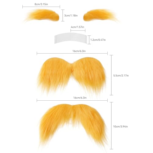 2 PCS Yellow Mustache and Eyebrows with Spare Tape, 2 Novelty Realistic Yellow Fake Mustache Beard and Eyebrows for Adults, Halloween Cosplay Costume Party Favors2
