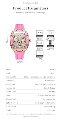 Image of OLEVS GELATU Womens Watches Luxury Automatic Dress Ladies Mechanical Watch Silicone Strap Diamond Fashion Waterproof Self Winding Female Wrist Watch