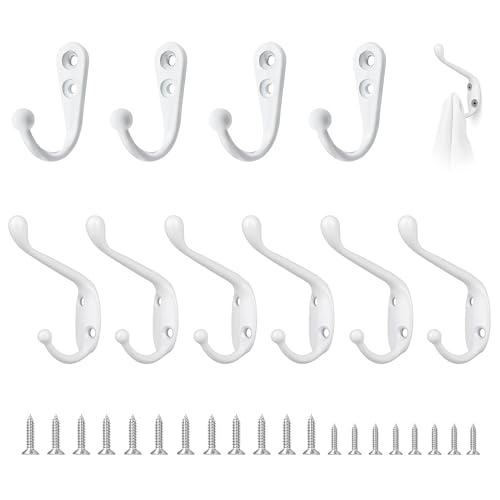 JRJRN 10Piezas Gancho de Pared Blanco, Metal Vintage Dobles Perchas Pared con Tornillos, Gancho Perchero De Aleación De Zinc, Ganchos Percheros de Pared para Colgar, Ropa, Toallas