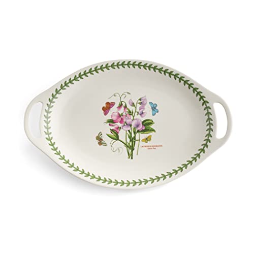 Portmeirion Botanic Garden Oval Handled Platter | 18 Inch Large Serving Platter | Sweet Pea Motif | Made from Porcelain | Dishwasher and Microwave Safe