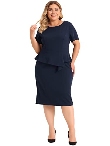 Agnes Orinda Plus Size Business Dresses for Women Short Sleeves Crew Neck Work Office Peplum Pencil Dress3
