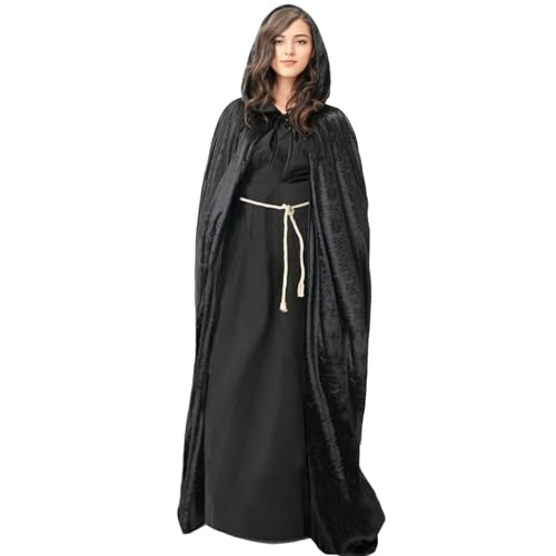 Halloween Hooded Cloak Velvet Cape, Adult Vampire Witch Wizard Robe, Party Cosplay Costumes (Black, 130cm)