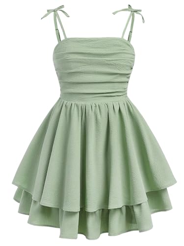 Image of SHENHE Girl's Smocked Ruched A Line Swing Dress Layered Tie Shoulder Flowy Cami Short Dress