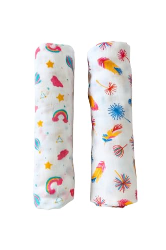 Image of Swaddle for Babies -100% Muslin Cotton Soft Swaddle /Blanket /Multipurpose Wrap for New Born Baby Girl & Boy | Perfect for Gifting | 100x100 cm | 0-6 Months, Set of 2, (Rainbow & Feather Print)