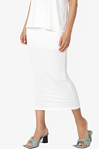 TheMogan Women's High Rise Buttery Soft Lined Mid Calf Bodycon Midi Pencil Skirt Off White S3