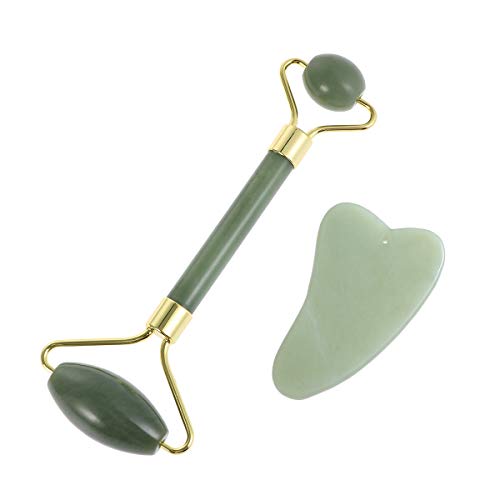 rosenice Gua Sha Facial Tools Guasha Tool Gua Sha Jade Stone for Face Skincare Facial Body Acupuncture Relieve Muscle Tensions Reduce Puffiness Festive Gifts (Green-Set)