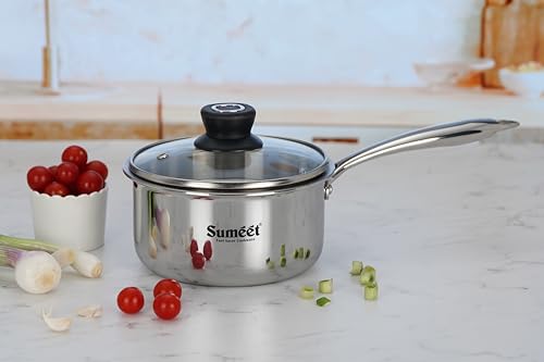 Image of Sumeet Cook Smart TriPly Stainless Steel Induction Base Saucepan with Glass Lid - 1.7 LTR - 16Cm, Pack of 1, Silver