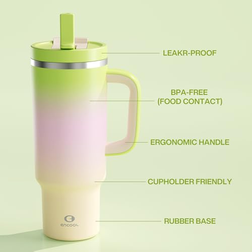 Image of ENCOOL 40 oz Tumbler with Handle and Straw: Stainless Steel Insulated Tumbler Keeps Cold for 24 Hours, Leakproof Travel Cup Fits in Cup Holder and BPA-Free, Morning Dew