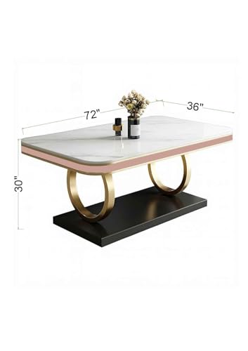 Image of 6-Seater Dining Table with Nano Composite Marble Top and PVC Golden Wooden Base |2yr Warranty - Includes 6 Fabric Upholstered Chairs (Pink, White Marble Top)