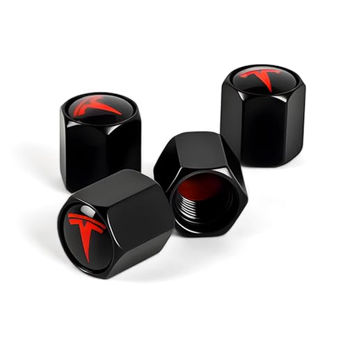 Powlamks 4 Pack Tire Valve Stem Caps Compatible with Tesla Model 3 / Y/S/X Leak-Proof Tire Valve Caps with Rubber O-Ring Aluminum Alloy Tire Valve Stem Covers (Black & Red)