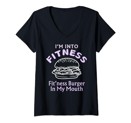 Mujer Funny Fitness Burger In My Mouth Humor de moda para hombre y mujer Camiseta Cuello V