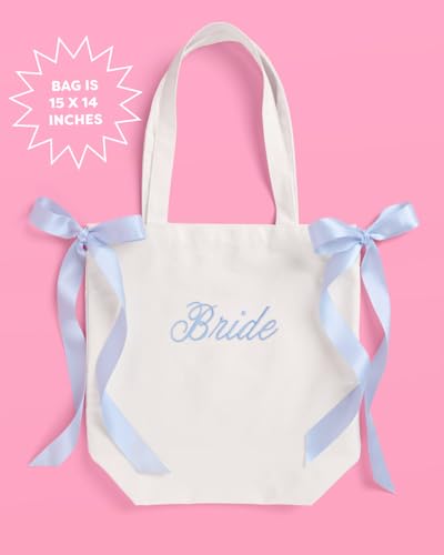 Bolsa Tote de Lona para Novia con Lazos Azules miniatura 6