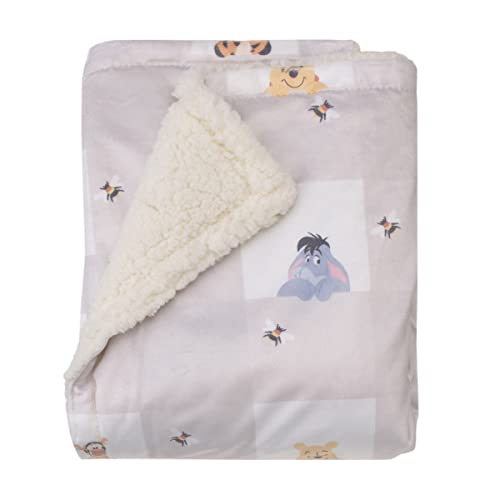 Image of Disney Winnie The Pooh Hugs and Honeycombs Grey and White Plaid with Piglet, Tigger and Eeyore Super Soft Sherpa Baby Blanket