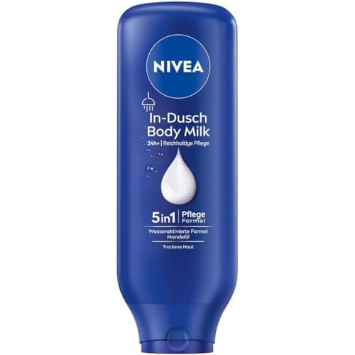 NIVEA In-Dusch Body Milk (400 ml), Körpercreme mit Mandel-Öl und wasseraktivierter 5in1 Pflege Formel, feuchtigkeitsspendende Body Lotion für die Dusche (Packung mit 5)