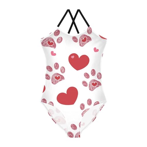 Dog Paw Print Hearts Valentines Day Girls Swimsuits 1-Piecing Toddler Swim Suit for Girls Kids