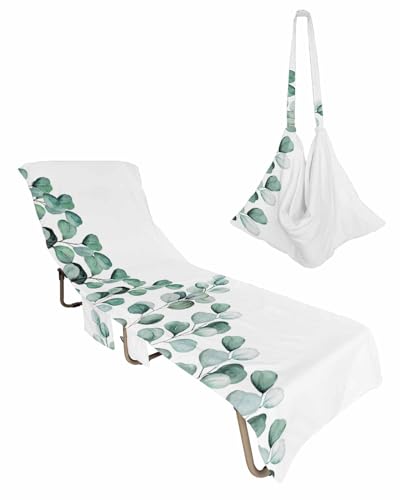 Teal Eucalyptus Leaf Beach Lounge Chair Towel Cover, Soft Chaise Lounge Towel with Side Pockets Patio Pool Chairs Cover for Beach/Pool Sunbathing 29x85 Watercolor Green Botanical