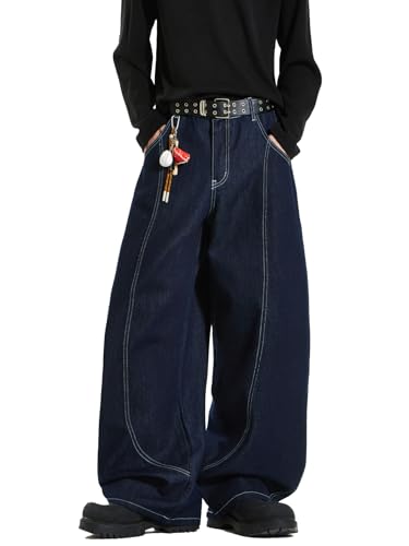 DFGIGT Baggy Barrel Jeans for Woman Men Wide Leg Loose Fit Jeans Y2K Hip Hop Streetwear Denim Pants Oversized Relaxed Trousers Relaxed Fit 2000s Extreme Motion Skateboard Skate,F10 DarkBlue,Large