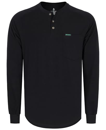 BOCOMAL Men's Long Sleeve Work Shirts Henley Midweight Soft Cotton Tencel Blended Pocket Tee Relax Fit Workwear Heather Black