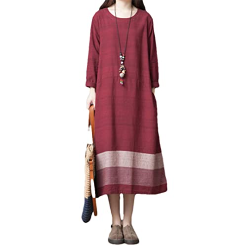 Robe vintage à rayures pour femme Hdhdeueh col rond et manches longues, coloris bordeaux XXL