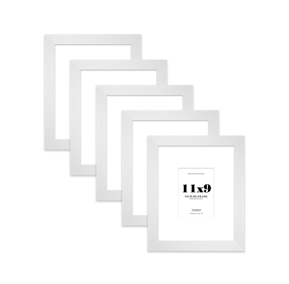 11x9 White Frame With Mount for A6 Pictures 28mm Edge Portrait and Landscape Display with Wall Hooks and Kickstand, 5 Pack