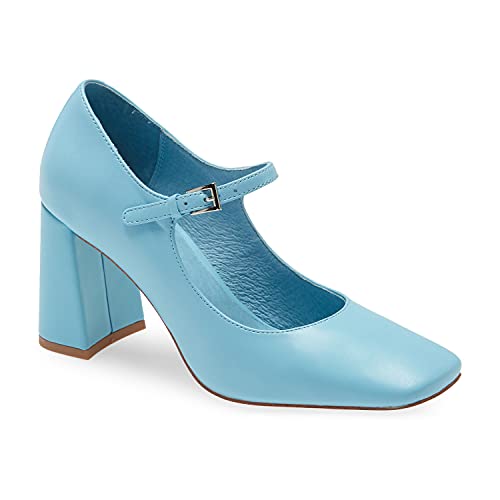 FOWT Women Square Toe High Chunky Heel Pumps Adjustable Mary-Jane Strap with Sliver Buckle Heels, Fashion Flower Pattern Glossy Leather Shoes for Ladies Work Party School 4-16 US Size