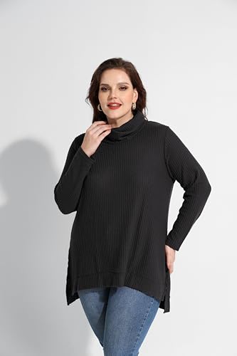 Image of RITERA Women's Plus Size Waffle Tops Long Sleeve Turtleneck Sweater Shirts Knit Tunic Oversized Casual Pullover Blouse XL-5XL