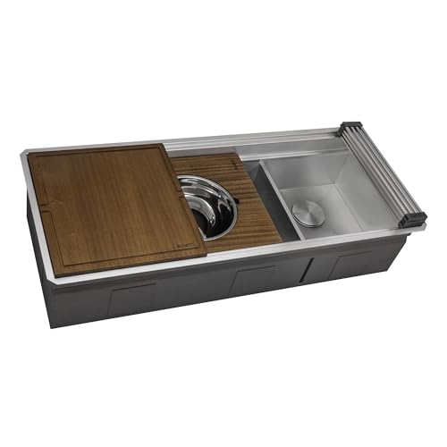 Image of Ruvati 45-inch Double Bowl Workstation Kitchen Sink - Undermount 16 Gauge Stainless Steel Kitchen Sink with Two-Tiered Ledge & Accessories - RVH8253