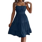 WLLDDDIU Vestido Midi de Verano con Tiras para Mujer Camisa Sin Mangas Vestido de Verano Elástico de Tiro Alto Vestido Oscilante de Pisos Vestido Vaporoso de Playa para Fiesta Navideña Azul Marino